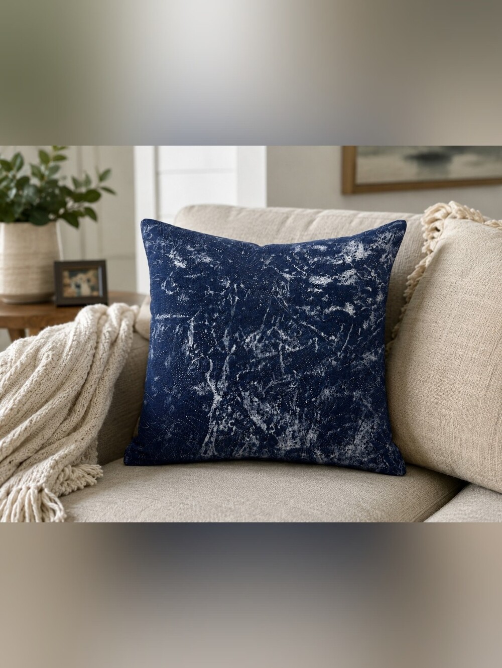 Navy Marble Effect Decorative Throw Pillow Cover